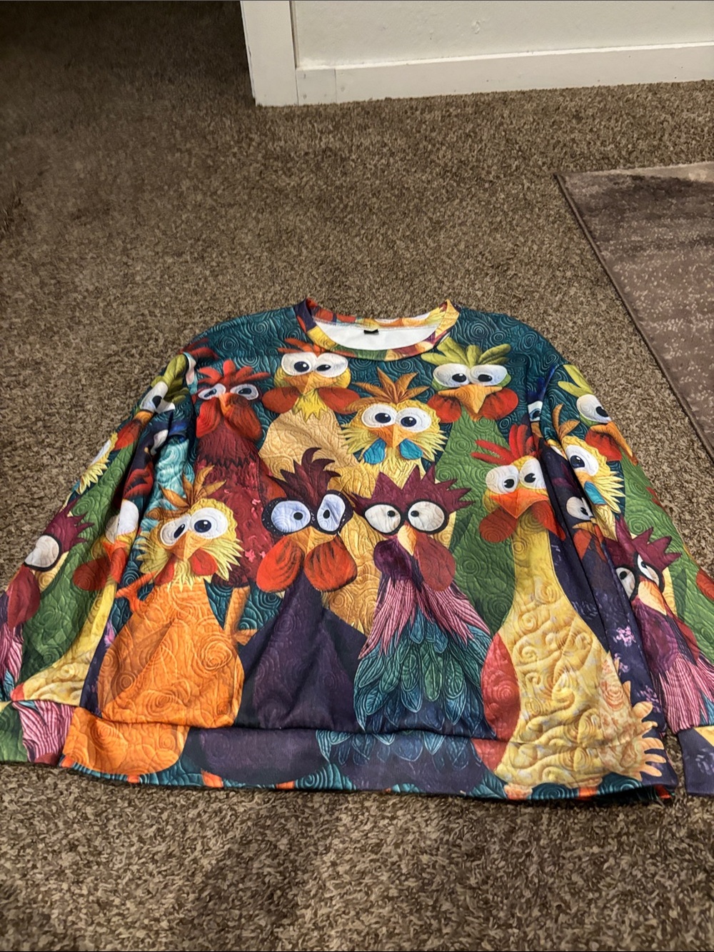 Colorful Cartoon Rooster Print Crewneck Sweatshirt - Multi